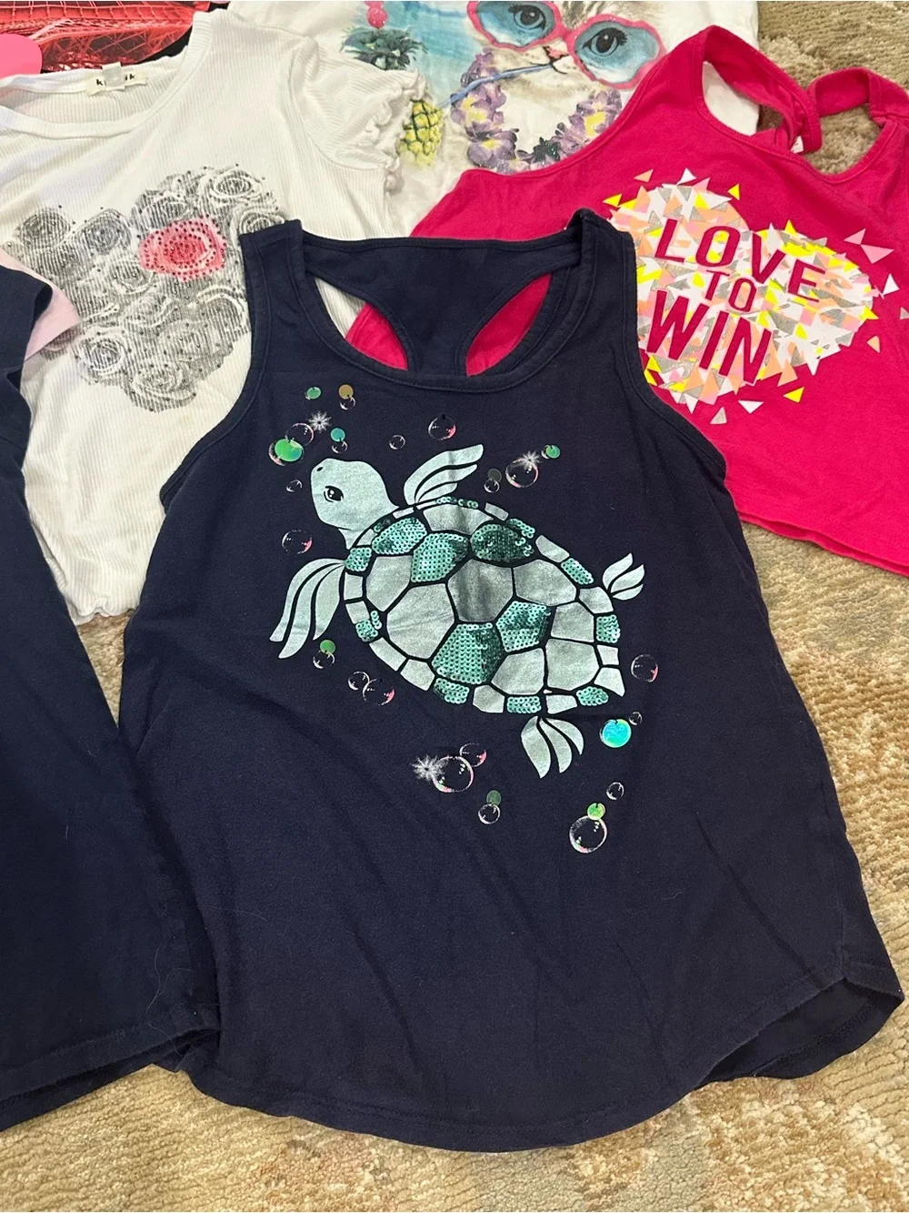 Justice. Sea turtle, Seahorse, Black, White & Fuchsia Tank Top Mix (9 Total)